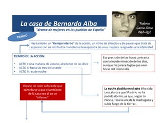 (1931)
La casa de Bernarda Alba
TIEMPO DE LA ACCIÓN:
• ACTO I: una mañana de verano, alrededor de las doce
• ACTO II: hacia las tres de la tarde
• ACTO III: es de noche
"drama de mujeres en los pueblos de España"
Esa precisión de las horas contrasta
con la indeterminación de los días,
aunque no parece lógico que sean
horas del mismo día.
Verano de calor sofocante que
contribuye a que el ambiente
de la casa sea el de un
"infierno".
La noche aludida en el acto II ha sido
tan calurosa que Martirio no ha
podido dormir, ya que, según La
Poncia, "era la una de la madrugada y
subía fuego de la tierra«.
Hay también un "tiempo interno" de la acción, un ritmo de silencios y de pausas que trata de
expresar con su lentitud la monotonía desesperada de unas mujeres resignadas a la infelicidad.
 
