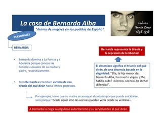 (1931)
La casa de Bernarda Alba
"drama de mujeres en los pueblos de España"
BERNARDA
• Bernarda domina a La Poncia y a
Adelaida porque conoce las
historias sexuales de su madre y
padre, respectivamente.
• Pero Bernarda es también víctima de esa
tiranía del qué dirán hasta límites grotescos.
Por ejemplo, teme que su madre se acerque al pozo no porque pueda suicidarse,
sino porque "desde aquel sitio las vecinas pueden verla desde su ventana«.
Bernarda representa la tiranía y
la represión de la libertad
El desenlace significa el triunfo del qué
dirán, de una decencia basada en la
virginidad: "Ella, la hija menor de
Bernarda Alba, ha muerto virgen, ¿Me
habéis oído? ¡Silencio, silencio, he dicho!
¡Silencio!".
A Bernarda la ciega su orgulloso autoritarismo y su servidumbre al qué dirán.
 
