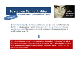 (1931)
La casa de Bernarda Alba
"drama de mujeres en los pueblos de España"
El enfrentamiento entre las hermanas ("Aunque quisiera verte como hermana no
te miro ya más que como mujer"), estaba anunciado por La Poncia con palabras
exactas poco antes ("Son mujeres sin hombre, nada más. En estas cuestiones, se
olvida hasta la sangre").
Por ello, es Martirio la que, celosa, delata ante Bernarda la "indecencia" de Adela
("¡Estaba con él! ¡Mira esas enaguas llenas de paja de trigo") pero también la que, al
final, expresa con cruel patetismo su envidia amorosa y sexual: "Dichosa ella mil
veces que lo pudo tener".
 