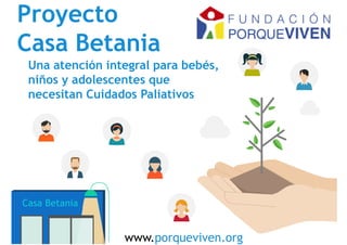 Proyecto Casa Betania
Proyecto
Casa Betania
Casa Betania
Una atención integral para bebés,
niños y adolescentes que
necesitan Cuidados Paliativos
www.porqueviven.org
 