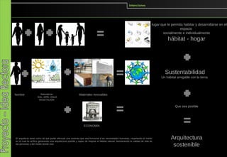 Intenciones




                                                                                                                             Un lugar que le permita habitar y desarrollarse en el
                                                                                                                                                  espacio
                                                                                                                                       socialmente e individualmente
                                                                                                                                           hábitat - hogar




                                                                                                                                         Sustentabilidad
                                                                                                                                      Un hábitat amigable con la tierra




hombre                Naturaleza=                           Materiales renovables
                    SOL, AIRE, AGUA
                     VEGETACIÓN

                                                                                                                                               Que sea posible




                                                                 ECONOMÍA



El arquitecto tiene como tal que poder efectuar una vivienda que sea funcional a las necesidades humanas, respetando el medio
en el cual es artífice generando una arquitectura posible y capaz de mejorar el hábitat natural, favoreciendo la calidad de vida de
                                                                                                                                             Arquitectura
las personas y del medio donde vive.
                                                                                                                                              sostenible
 
