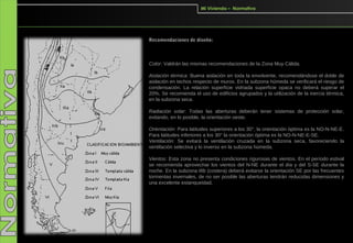 Mi Vivienda – Normativa




Recomendaciones de diseño:



Color: Valdrán las mismas recomendaciones de la Zona Muy Cálida.

Aislación térmica: Buena aislación en toda la envolvente, recomendándose el doble de
aislación en techos respecto de muros. En la subzona húmeda se verificará el riesgo de
condensación. La relación superficie vidriada superficie opaca no deberá superar el
20%. Se recomienda el uso de edificios agrupados y la utilización de la inercia térmica,
en la subzona seca.

Radiación solar: Todas las aberturas deberán tener sistemas de protección solar,
evitando, en lo posible, la orientación oeste.

Orientación: Para latitudes superiores a los 30°, la orientación óptima es la NO-N-NE-E.
Para latitudes inferiores a los 30° la orientación óptima es la NO-N-NE-E-SE.
Ventilación: Se evitará la ventilación cruzada en la subzona seca, favoreciendo la
ventilación selectiva y lo inverso en la subzona húmeda.

Vientos: Esta zona no presenta condiciones rigurosas de vientos. En el período estival
se recomienda aprovechar los vientos del N-NE durante el día y del S-SE durante la
noche. En la subzona IIIb (costera) deberá evitarse la orientación SE por las frecuentes
tormentas invernales, de no ser posible las aberturas tendrán reducidas dimensiones y
una excelente estanqueidad.
 