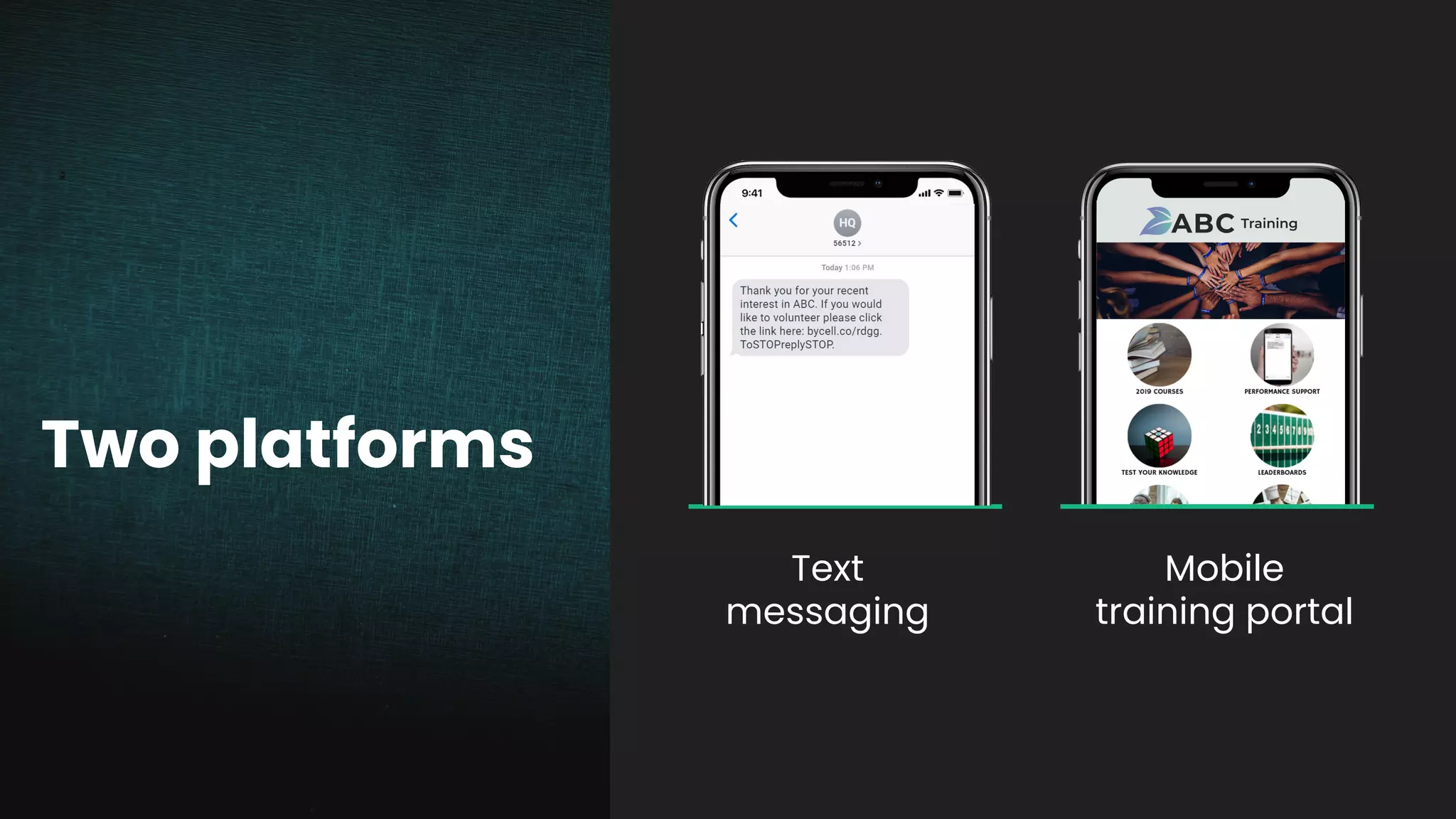 Two platforms
Mobile
training portal
Text
messaging
 
