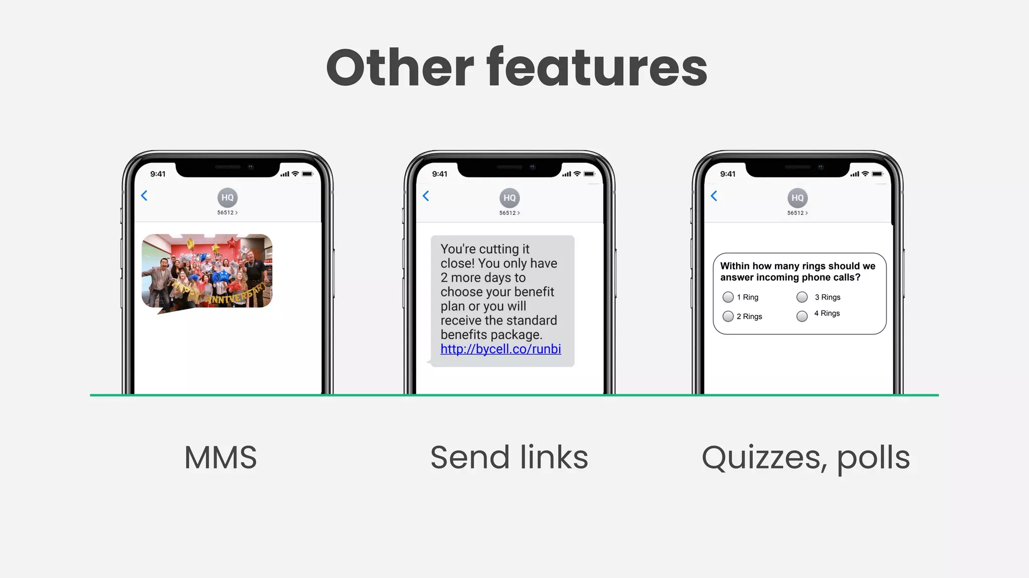Other features
MMS Send links Quizzes, polls
Within how many rings should we
answer incoming phone calls?
1 Ring
2 Rings
3 Rings
4 Rings
 