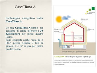 CasaClima A


Fabbisogno energetico dalla
CasaClima A.

Le case CasaClima A hanno un
consumo di calore inferiore a 30
KiloWattora per metro quadro
l’anno.
Sono chiamate anche "casa da 3
litri", perché richiede 3 litri di
gasolio o 3 m³ di gas per metro
quadro l’anno.

 