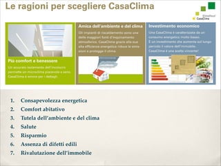 1.   Consapevolezza energetica 
2.   Comfort abitativo
3.   Tutela dell’ambiente e del clima
4.   Salute 
5.   Risparmio 
6.   Assenza di difetti edili 
7.   Rivalutazione dell’immobile
 