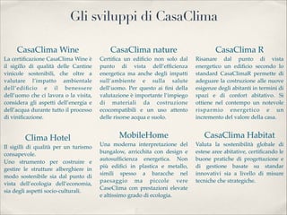 Gli sviluppi di CasaClima

     CasaClima Wine
                       CasaClima nature
                        CasaClima R
La certiﬁcazione CasaClima Wine è      Certiﬁca un ediﬁcio non solo dal     Risanare dal punto di vista
il sigillo di qualità delle Cantine    punto di vista dell’efﬁcienza        energetico un ediﬁcio secondo lo
vinicole sostenibili, che oltre a      energetica ma anche degli impatti    standard CasaClimaR permette di
valutare l’impatto ambientale          sull’ambiente e sulla salute         adeguare la costruzione alle nuove
dell’ediﬁcio e il benessere            dell’uomo. Per questo ai ﬁni della   esigenze degli abitanti in termini di
dell’uomo che ci lavora o la visita,   valutazione è importante l’impiego   spazi e di confort abitativo. Si
considera gli aspetti dell’energia e   di materiali da costruzione          ottiene nel contempo un notevole
dell’acqua durante tutto il processo   ecocompatibili e un uso attento      risparmio energetico e un
di viniﬁcazione.                       delle risorse acqua e suolo.         incremento del valore della casa.


        Clima Hotel
                          MobileHome
                      CasaClima Habitat
Il sigilli di qualità per un turismo   Una moderna interpretazione del      Valuta la sostenibilità globale di
consapevole.
                          bungalow, arricchita con design e    estese aree abitative, certiﬁcando le
                                       autosufﬁcienza energetica. Non       buone pratiche di progettazione e
Uno strumento per costruire e
                                       più ediﬁci in plastica e metallo,    di gestione basate su standar
gestire le strutture alberghiere in
                                       simili spesso a baracche nel         innovativi sia a livello di misure
modo sostenibile sia dal punto di
                                       paesaggio ma piccole vere            tecniche che strategiche.
vista dell’ecologia dell’economia,
                                       CaseClima con prestazioni elevate
sia degli aspetti socio-culturali.
                                       e altissimo grado di ecologia.
 