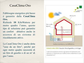 CasaClima Oro

Fabbisogno energetico più basso
è garantito dalla CasaClima
Oro.
Richiede 10 KiloWattora per
metro quadro l’anno, questo
tipo di soluzione può garantire
un confort abitativo anche in
assenza di un sistema di
riscaldamento attivo.

La CasaClima Oro è anche detta
"casa da un litro", perché per
ogni metro quadro necessità di
un litro di gasolio o di un m³ di
gas l’anno.
 