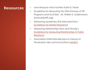 Ressources • Livre Measure what matters Katie D. Paine
• Guidelines for Measuring the Effectiveness of PR
Programs and Activities - Dr. Walter K. Lindenmann
(InstituteforPR.org)
• Measuring awareness (For best practices :
Guidelines for Market Research)
• Measuring relationships (Hon and Grunig’s
Guidelines for Measuring Relationships in Public
Relations)
• Association internationale pour la mesure et
l'évaluation des communications (AMEC)
 