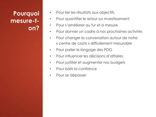 Pourquoi
mesure-t-
on?
• Pour lier les résultats aux objectifs
• Pour quantifier le retour sur investissement
• Pour s’améliorer au fur et à mesure
• Pour donner un cadre à nos prochaines activités
• Pour changer la conversation autour de notre
« centre de coûts » difficilement mesurable
• Pour parler le langage des PDG
• Pour influencer les décisions d’affaires
• Pour justifier et augmenter nos budgets
• Pour bâtir la confiance
• Pour se dépasser
 