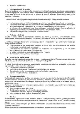 Procesos facilitadores 
o Liderazgo y estilo de gestión 
Este criterio aborda cómo se desarrollan y se pone en práctica la cultura y los valores necesarios para 
el éxito a largo plazo, como también estudia cómo se desarrolla y se pone en práctica la estructura de la 
organización, el marco de los procesos y su sistema de gestión, necesario para la eficaz ejecución de 
la política y estrategia. 
La evaluación del liderazgo y estilo de gestión están representados por los siguientes subcriterios: 
 Los líderes demuestran visiblemente su compromiso con una cultura de excelencia empresarial. 
 Los líderes están implicados con personas de la misma organización o de fuera de la misma, para 
promover y desarrollar los intereses de los públicos involucrados en la organización. 
 La estructura de la organización está desarrollada para sustentar la eficaz y eficiente aplicación de 
la política y la estrategia, en armonía con los valores y la cultura de la misma. 
 Los procesos se gestionan y se mejoran sistemáticamente. 
 Política y estrategia 
Estudia y analiza cómo la organización desarrolla su misión y su visión, como también evalúa 
las estrategias determinadas orientadas a los clientes y con todos los grupos de interés que se poseen. 
La política y estrategia abarca varios conceptos que deben ser abordados y que están representados por 
los siguientes subcriterios: 
 Están basadas en las necesidades presentes y futuras y en las expectativas de los públicos 
involucrados, y se orienta hacia el mercado. 
 Están basadas en información obtenida por mediciones del cumplimiento y por actividades 
relacionadas con la investigación y la creatividad. 
 La política y estrategia se desarrolla, evalúa, revisa y mejora. 
 Cómo se comunica la política y la estrategia. 
 Desarrollo de las personas 
Se evalúa como la organización desarrolla, conduce y incentiva potencial del Recurso humano, de manera 
individual o grupal, con el fin de contribuir a su eficaz y eficiente gestión. 
El criterio desarrollo de las personas abarca varios conceptos que deben ser analizados y que están 
representados por los siguientes subcriterios: 
 Las personas: planificación y mejora. 
 Desarrollo de la capacidad, conocimientos y desempeño del personal. 
 Comunicación con las personas y concesión de facultades a las mismas. 
 Atención y reconocimiento a las personas. 
 Recursos y asociados 
Analiza cómo la organización gestiona sus recursos internos, por ejemplo: los financieros, de información, 
de conocimientos, tecnológicos, de propiedad intelectual, materiales y recursos externos, incluidas las 
asociaciones con proveedores, distribuidores, alianzas y órganos reguladores, con el fin de apoyar la eficaz 
gestión de la misma. 
Recursos y asociados abarcan varios conceptos que deben ser analizados y que están representados por 
los siguientes subcriterios: 
 Gestión de los recursos financieros. 
 Gestión de los recursos de información y conocimientos. 
 Gestión de los inmuebles, equipos, tecnología y materiales. 
 Gestión de los recursos externos, incluidos asociados. 
 Clientes 
Analiza cómo la organización diseña, desarrolla, produce y sirve productos y servicios, y cómo gestiona las 
relaciones, con el fin de satisfacer plenamente las necesidades y expectativas de sus clientes actuales y 
futuros. 
Clientes abarca varios conceptos que deben ser analizados y que se encuentran representados por los 
siguientes subcriterios: 
Se identifican las necesidades y expectativas de los clientes respecto a productos y servicios. 
 