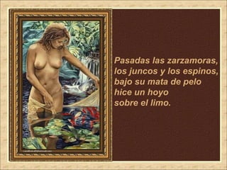 Pasadas las zarzamoras,  los juncos y los espinos, bajo su mata de pelo hice un hoyo  sobre el limo. 