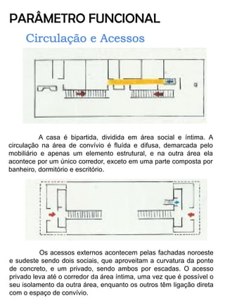 PARÂMETRO FUNCIONAL 
A casa é bipartida, dividida em área social e íntima. A circulação na área de convívio é fluída e difusa, demarcada pelo mobiliário e apenas um elemento estrutural, e na outra área ela acontece por um único corredor, exceto em uma parte composta por banheiro, dormitório e escritório. 
Os acessos externos acontecem pelas fachadas noroeste e sudeste sendo dois sociais, que aproveitam a curvatura da ponte de concreto, e um privado, sendo ambos por escadas. O acesso privado leva até o corredor da área íntima, uma vez que é possível o seu isolamento da outra área, enquanto os outros têm ligação direta com o espaço de convívio.  