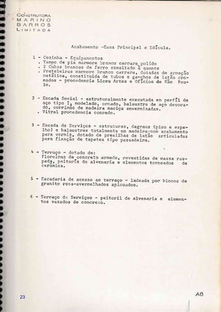 I
I
i- .
)
)
)
)
)
)
)
)
I
I
I
I
I
I
I
i
i
2
I
t
t
CoNsrnuroRA
MARINO
BARROS
LTvtTADA
Acabainento *Casa Principal- e Edícu1a.
I - Cozinha - Equip.rnentos
. T.Tpg cle pia malnnore bnaneo caruara polido
, 2 Cubas br:ancas de ferro esmaltaclo ã cuenLe
. Pnatereinas lnarmore br-anco car,rara, dotadas de armação
metáIica, constituida de tubos e gá-chos de 1atão ci?o-
mados procedencia Liceu Antês e-OfÍcios a"- iáà pau-
10.
I,
F,
I
2*
a
?-
4 - Tenraço dotado de:
Floneiras de -concreto armado,
ped*r.oeitorÍs de alvena::ia á
ceraml_ca.
Eseada soeiar estnuturalmente executada em penfÍr de
19" Iipg.f, modelado, onnado, balaustre ae açã aeÀona-
d9, connimao de madeina naciça enveltnizadas.
Vitral pnocedeneia connado.
Escada de senviços est::utunas, degnaus (piso e espe-
tho) e balaustnes totalmente em madei::a-.com aeabamento
para venniz, dotado de pnesilhas de ratão
";ii;;i;;;"para fixação de tape"tes tipo oassadeira.
r.evestidas de massa nes-
elementos tonneados de
5 - Eseadania de acesso ao tennaço radeada pon bloeos de
granito nosa-avenmelhad.os apicoados.
6 - Te*aço de: serviços peitonir de alvenania e elernen-tos vazados de eoncreto.
23
 