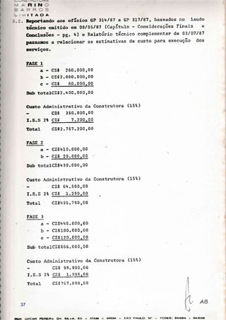 RtN
!TAÉA
neporiarido aos orfÍeíoe EP 3Itrlg? e GP 31?/'8Y, baseadôs no Iau<lo
t$cnieo emitido em 08/051S7 (CapÍtulo Considerações Finais e
Gonelueões - pg. tr) e R.etat6rio tácnico complementan de o3/a7187
PagsamOs a relacionan as estimativas de eusto Para execução dos
úêrviços.
rASE 1
a - cz$ 260.000 r00
b - cz$2.o8o.oo0roo
e-ry
§rb tstalcz$2 . q00' 000, 00
1.
Grsto Administrativo da Construtora (15t)
- cu $ 360.000 r 00
r. s. s 2* 9zs 7 .29O ,N
Tstel C7,§?,,767.200r00
rASE 2
cz$.4r0. ooo, oo
Sub totalCZ$+30. 000 r 00
Custo Administnativo da Constnutora (ISe")
- cz$ 64. 500 r 00
r.s.s 28 CZ$
- 1.290roo
Total CZ$495.790,00
FASE 3
a - cz$446.000r€0
' b cz$loo.oooroo
c - CZ$120. 000
'
00
sub totalcZ$ 6ô6. 000, 00
Custo Administnativo da
cz$ 99.900,00
r. s. s 2% cz§ _" .:33)99
Total cz§,?67.898r00
Construtora (I5B)
J
l
i
l
I
r1
,
ruA OSCÂfi FERE'FTÂ DÀ S'LWA. êO ITA1M O45s/a - SÃO PAULO. F FÕNES: G4-62Í1 - 64€31*l
37
 