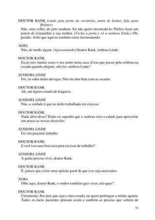 32
DOUTOR RANK (vindo pela porta do escritório, antes de fechar, fala para
Helmer)
Não, meu velho, de jeito nenhum. Eu não quero incomodá-lo. Prefiro fazer um
pouco de companhia a sua mulher. (Fecha a porta e vê a senhora Linde.) Oh,
perdão. Acho que aqui eu também estou incomodando.
NORA
Não, de modo algum. (Apresentando) Doutor Rank, senhora Linde.
DOUTOR RANK
Eu já ouvi muitas vezes o seu nome nesta casa. Creio que passei pela senhora na
escada quando cheguei, não foi, senhora Linde?
SENHORA LINDE
Foi, eu subo muito devagar. Não me dou bem com as escadas.
DOUTOR RANK
Ah, um ligeiro estado de fraqueza.
SENHORA LINDE
Não, a verdade é que eu tenho trabalhado em excesso.
DOUTOR RANK
Nada além disso? Então eu suponho que a senhora veio a cidade para aproveitar
um pouco as nossas diversões.
SENHORA LINDE
Eu vim procurar trabalho.
DOUTOR RANK
E será isso uma boa cura para excesso de trabalho?
SENHORA LINDE
A gente precisa viver, doutor Rank.
DOUTOR RANK
É, parece que existe uma opinião geral de que isso seja necessário.
NORA
Olhe aqui, doutor Rank, o senhor também quer viver, não quer?
DOUTOR RANK
Certamente. Por pior que seja o meu estado, eu quero prolongar a minha agonia.
Todos os meus pacientes pensam assim e também as pessoas que sofrem de
 