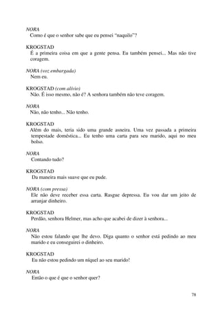 78
NORA
Como é que o senhor sabe que eu pensei “naquilo”?
KROGSTAD
É a primeira coisa em que a gente pensa. Eu também pensei... Mas não tive
coragem.
NORA (voz embargada)
Nem eu.
KROGSTAD (com alívio)
Não. É isso mesmo, não é? A senhora também não teve coragem.
NORA
Não, não tenho... Não tenho.
KROGSTAD
Além do mais, teria sido uma grande asneira. Uma vez passada a primeira
tempestade doméstica... Eu tenho uma carta para seu marido, aqui no meu
bolso.
NORA
Contando tudo?
KROGSTAD
Da maneira mais suave que eu pude.
NORA (com pressa)
Ele não deve receber essa carta. Rasgue depressa. Eu vou dar um jeito de
arranjar dinheiro.
KROGSTAD
Perdão, senhora Helmer, mas acho que acabei de dizer à senhora...
NORA
Não estou falando que lhe devo. Diga quanto o senhor está pedindo ao meu
marido e eu conseguirei o dinheiro.
KROGSTAD
Eu não estou pedindo um níquel ao seu marido!
NORA
Então o que é que o senhor quer?
 