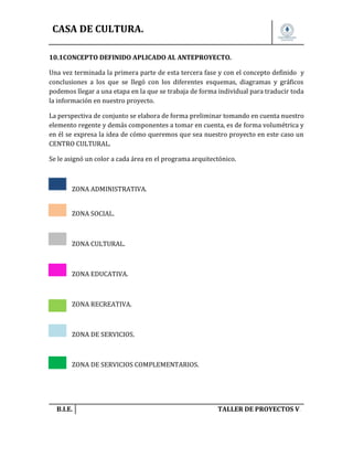 CASA DE CULTURA.
10.1CONCEPTO DEFINIDO APLICADO AL ANTEPROYECTO.
Una vez terminada la primera parte de esta tercera fase y con el concepto definido y
conclusiones a los que se llegó con los diferentes esquemas, diagramas y gráficos
podemos llegar a una etapa en la que se trabaja de forma individual para traducir toda
la información en nuestro proyecto.
La perspectiva de conjunto se elabora de forma preliminar tomando en cuenta nuestro
elemento regente y demás componentes a tomar en cuenta, es de forma volumétrica y
en él se expresa la idea de cómo queremos que sea nuestro proyecto en este caso un
CENTRO CULTURAL.
Se le asignó un color a cada área en el programa arquitectónico.

ZONA ADMINISTRATIVA.
ZONA SOCIAL.

ZONA CULTURAL.

ZONA EDUCATIVA.

ZONA RECREATIVA.

ZONA DE SERVICIOS.

ZONA DE SERVICIOS COMPLEMENTARIOS.

B.I.E.

TALLER DE PROYECTOS V.

 