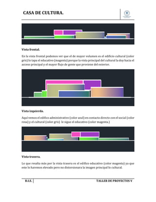 CASA DE CULTURA.

Vista frontal.
En la vista frontal podemos ver que el de mayor volumen es el edificio cultural (color
gris) lo tapa el educativo (magenta) porque la vista principal del cultural la doy hacia el
acceso principal y el mayor flujo de gente que proviene del exterior.

Vista izquierda.
Aquí vemos el edifico administrativo (color azul) en contacto directo con el social (color
rosa) y el cultural (color gris) le sigue el educativo (color magenta.)

Vista trasera.
Lo que resalta más por la vista trasera es el edifico educativo (color magenta) ya que
este lo haremos elevado pero no distorsionara la imagen principal lo cultural.

B.I.E.

TALLER DE PROYECTOS V.

 