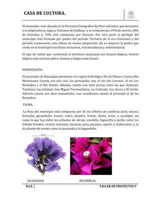 CASA DE CULTURA.
El municipio, está ubicado en la Provincia Fisiográfica Eje Neo volcánico, que pertenece
a la subprovincia, Lagos y Volcanes de Anáhuac; y se compone por 29% de sierras; 38%
de lomerías; y, 33% está compuesto por llanuras. Por otra parte la geología del
municipio está formada por piedra del período Terciario de la era Cenozoica y del
período Cuaternario, esta última en menor proporción. En su mayoría la piedra que
existe en el municipio son líneas extrusivas, volcanoclásicas y sedimentarias.
El tipo de suelos que conforman el territorio municipal son feozem hálpico, feozem
hálpico más vertisol, pélico, feozem y hálpico más litosol.
HIDROGRAFÍA.
El municipio de Naucalpan pertenece a la región hidrológica No 26 Pánuco, Cuenca Río
Moctezuma. Cuenta con seis ríos, los principales son, el río San Lorenzo, el río Los
Remedios y el Río Hondo. Además, cuenta con siete presas entre las que destacan,
Totolinca, Las Julianas; San Miguel Tecamachalco, La Colorada, Los Arcos y El Sordo.
Además cuenta con doce manantiales, tres acueductos siendo el principal el de los
Remedios.
FLORA.
La flora del municipio está compuesta por de los árboles de coníferas pirul, encino,
huizache, garambullo, trueno, cedro, alcanfor, fresno, álamo, ocote, y eucalipto; así
como la que hay entre los arbustos de abrojo, escobilla, higuerilla y jarilla; entre los
árboles frutales: ciruelo, manzano, durazno, pera, perones, capulín y chabacanos; y, la
de plantas de ornato como la jacaranda y la bugambilia.

JACARANDA
B.I.E.

BUGMBILIA.
TALLER DE PROYECTOS V.

 