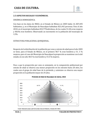 CASA DE CULTURA.
2.5 ASPECTOS SOCIALES Y ECONÓMICOS.
DINÁMICA DEMOGRÁFICA.
Con base en los datos de INEGI, en el Estado de México en 2005 había 14, 007,495
habitantes; y, en el Municipio de Naucalpan habitaban 821,442 personas. Para el año
2010, en el municipio habitaban 833,779individuos, de los cuales 51.4% eran mujeres
y 48.6% eran hombres. Observando un incremento en la población del municipio de
1.5%.
ESTRUCTURA POBLACIONAL QUINQUENAL.

Respecto de la distribución de la población por sexo y estrato de edad para el año 2005
se tiene, para el Estado de México, en el primero 48.7 % eran hombres y 51. 3 %
mujeres; para el caso del Municipio de Naucalpan la proporción se mantiene con la del
estado; en ese año 48.5 % eran hombre y 51.5 % mujeres.

Pese a que la proporción por sexo es semejante, en la composición poblacional por
estrato de edad se observa una menor proporción en los estratos hasta 20 años, los
cuales son el grupo de edad base de la pirámide, y asimismo se observa una mayor
proporción en la población mayor de 24 años.

B.I.E.

TALLER DE PROYECTOS V.

 