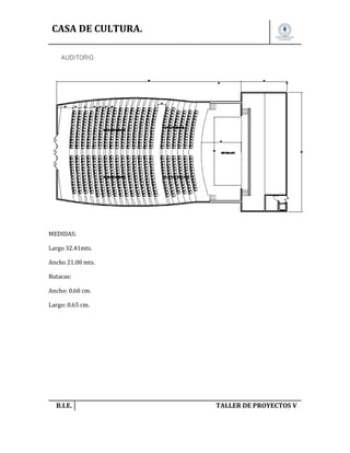 CASA DE CULTURA.

MEDIDAS:
Largo 32.41mts.
Ancho 21.00 mts.
Butacas:
Ancho: 0.60 cm.
Largo: 0.65 cm.

B.I.E.

TALLER DE PROYECTOS V.

 
