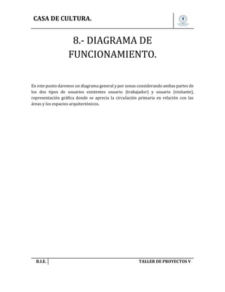 CASA DE CULTURA.

8.- DIAGRAMA DE
FUNCIONAMIENTO.
En este punto daremos un diagrama general y por zonas considerando ambas partes de
los dos tipos de usuarios existentes usuario (trabajador) y usuario (visitante),
representación gráfica donde se aprecia la circulación primaria en relación con las
áreas y los espacios arquitectónicos.

B.I.E.

TALLER DE PROYECTOS V.

 