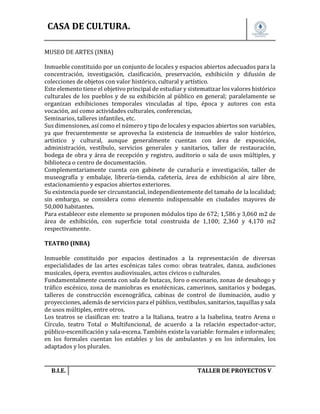 CASA DE CULTURA.
MUSEO DE ARTES (INBA)
Inmueble constituido por un conjunto de locales y espacios abiertos adecuados para la
concentración, investigación, clasificación, preservación, exhibición y difusión de
colecciones de objetos con valor histórico, cultural y artístico.
Este elemento tiene el objetivo principal de estudiar y sistematizar los valores histórico
culturales de los pueblos y de su exhibición al público en general; paralelamente se
organizan exhibiciones temporales vinculadas al tipo, época y autores con esta
vocación, así como actividades culturales, conferencias,
Seminarios, talleres infantiles, etc.
Sus dimensiones, así como el número y tipo de locales y espacios abiertos son variables,
ya que frecuentemente se aprovecha la existencia de inmuebles de valor histórico,
artístico y cultural, aunque generalmente cuentan con área de exposición,
administración, vestíbulo, servicios generales y sanitarios, taller de restauración,
bodega de obra y área de recepción y registro, auditorio o sala de usos múltiples, y
biblioteca o centro de documentación.
Complementariamente cuenta con gabinete de curaduría e investigación, taller de
museografía y embalaje, librería-tienda, cafetería, área de exhibición al aire libre,
estacionamiento y espacios abiertos exteriores.
Su existencia puede ser circunstancial, independientemente del tamaño de la localidad;
sin embargo, se considera como elemento indispensable en ciudades mayores de
50,000 habitantes.
Para establecer este elemento se proponen módulos tipo de 672; 1,586 y 3,060 m2 de
área de exhibición, con superficie total construida de 1,100; 2,360 y 4,170 m2
respectivamente.
TEATRO (INBA)
Inmueble constituido por espacios destinados a la representación de diversas
especialidades de las artes escénicas tales como: obras teatrales, danza, audiciones
musicales, ópera, eventos audiovisuales, actos cívicos o culturales.
Fundamentalmente cuenta con sala de butacas, foro o escenario, zonas de desahogo y
tráfico escénico, zona de maniobras es enotécnicas, camerinos, sanitarios y bodegas,
talleres de construcción escenográfica, cabinas de control de iluminación, audio y
proyecciones, además de servicios para el público, vestíbulos, sanitarios, taquillas y sala
de usos múltiples, entre otros.
Los teatros se clasifican en: teatro a la Italiana, teatro a la Isabelina, teatro Arena o
Círculo, teatro Total o Multifuncional, de acuerdo a la relación espectador-actor,
público-escenificación y sala-escena. También existe la variable: formales e informales;
en los formales cuentan los estables y los de ambulantes y en los informales, los
adaptados y los plurales.

B.I.E.

TALLER DE PROYECTOS V.

 