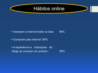  Acessam a internet todos os dias: 98%
 Compram pela internet: 95%
 A experiência e indicações de
blogs ao comprar um produto : 96%
Hábitos online
 