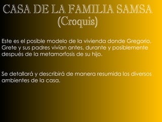 CASA DE LA FAMILIA SAMSA (Croquis) Este es el posible modelo de la vivienda donde Gregorio, Grete y sus padres vivían antes, durante y posiblemente después de la metamorfosis de su hijo. Se detallará y describirá de manera resumida los diversos ambientes de la casa. 