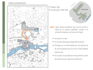 EMPLAZAMIENTO
PENSILVANIA
Se sitúa en un solar
En el medio del bosque salvaje de Pensilvania.
El bosque se ve interrumpido por una discreta vía
de acceso peatonal que es el único modo de llegar
hasta la casa.
Por el solar circula además el arroyo del Oso sobre
el cual terminó por colocarse la edificación.
Diseño: 1935
Construcción: 1936-1938
Ligera rampa ascendente que cruza el arroyo a
través de un puente suspendido conduce a la
entrada formada por una losa de hormigón.
 