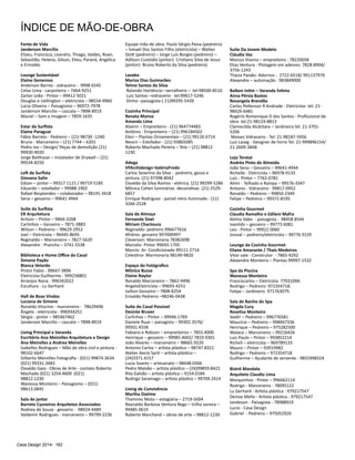 Casa Design 2014- 162
Fonte de Vida
Janderson Marcilio
Elizeu, Francisco, Leandro, Thiago, Valdes, Roan,
Sebastião, Helena, Gilson, Elieu, Paraná, Angélica
e Erinaldo
Lounge Sustentável
Elaine Generoso
Anderson Barros - vidraceiro - 9998 6545
Celso Lima - carpinteiro – 7464-9251
Zarlan Leão - Pintor – 99412-5021
Douglas e Uellington – eletricista – 98534-9960
Lúcia Oliveira – Paisagismo – 96972-7978
Janderson Marcilio – cascata – 7898-8919
Maciel – Som e imagem – 7859-1635
Estar da Surfista
Elaine Paraguai
Fábio Barreto - Pedreiro – (21) 98730 -1240
Bruno - Marceneiro – (21) 7744 – 6201
Pedro Ivo – Design/ Peças de demolição (21)
99930-9020
Jorge Balthazar – Instalador de Drywall – (21)
99534-8250
Loft da Surfista
Giovana Salin
Edson – pintor – 99317 1115 / 99719 5185
Eduardo – estofador – 99988 1902
Rafael Resplandes – colaborador – 98191 3418
Sena – gesseiro – 99641 4944
Suíte da Surfista
ER Arquitetura
Arilson – Pintor – 9864-3208
Carlinhos – Gesseiro – 7871-3883
Wilson – Pedreiro – 99629-2952
Joel – Eletricista – 96445-8695
Reginaldo – Marceneiro – 7827-5620
Alexandre - Prancha – 3741-5538
Biblioteca e Home Office do Casal
Simone Payão
Bianca Velardo
Pintor Fabio - 99647-3896
Eletricista Guilherme - 999258801
Arranjos Nana - 996342022
Escultura - Lu Gerhard
Hall de Boas Vindas
Luciana de Simone
Ronaldo Viturino - marceneiro - 78629496
Ângelo - eletricista - 996934251
Sérgio - pintor – 985467462
Janderson Marcilio – cascata – 7898-8919
Living Principal e Varanda
Escritório Ana Meirelles Arquitetura e Design
Ana Meirelles e Andrea Meirelles
Isabelles Rodrigues – Mão de obra civil e pintura -
98102-6647
Gilberto Meirelles Fotografia - (021) 99874.3634
(021) 99331.3483
Osvaldo Gaia - Obras de Arte - contato Roberto
Machado (021) 3254.4609 :(021)
98812.1230
Wanessa Monteiro – Paisagismo – (021)
98613.0845
Sala de jantar
Barreto Cysneiros Arquitetos Associados
Rodney de Souza - gesseiro - 98924-4489
Valdemir Rodrigues - marceneiro – 99799-2236
ÍNDICE DE MÃO-DE-OBRA
Equipe mão de obra: Paulo Sérgio Paiva (pedreiro)
– Ismael Dos Santos Filho (eletricista) – Wallan
Stott (pedreiro) – Jorge Luis Borges (pedreiro) –
Adílson Custódio (pintor)- Cristiano Silva de Jesus
(pintor)- Bruno Roberto da Silva (pedreiro)
Lavabo
Mariza Dias Guimarães
Telmo Santos da Silva
Rolando Hortêncio –serralheiro – tel:98500-8510
Luiz Santos –vidraceiro- tel:99617-5246
Dinho –paisagista-( 21)99295-5439
Cozinha Principal
Renata Manso
Amanda Lima
Alvenir – Empreiteiro - (21) 964774483
Antônio - Empreiteiro – (21) 996184502
Eleci – Plantas Ornamentais – (21) 99126 6714
Neocir – Estofador - (21) 93865085
Roberto Machado Pereira – Tela – (21) 98812
1230
Adega
VFArchidesign-ValériaFredo
Carlos Severino da Silva - pedreiro, gesso e
pintura. (21) 97398-8042
Osvaldo da Silva Ramos - elétrica. (21) 99299-5286
Mônica Cohen luminárias -decorativas (21) 2529-
6857
Enrique Rodriguez - painel retro iluminado - (11)
3266-2528
Sala de Almoço
Fernanda Sixel
Míriam Chactoura
Reginaldo- pedreiro 996677616
Afrânio- gesseiro 997000497
Cleverson- Marcenaria 78382698
Marcelo- Pintor 99693-1705
Marcio- Ar- Condicionado 99111-2714
Celestino- Marmoraria 98149-9820
Espaço do Fotógrafico
Mônica Busse
Elaine Naylor
Ronaldo Marceneiro – 7862-9496
AngeloEletricista – 99693-4251
Jailton Gesseiro – 7808-8254
Erivaldo Pedreiro –98246-0438
Suíte do Casal Possível
Desirée Bruver
Carlinhos – Pintor – 99946.1769
Daniele Ruas – paisagista – 99302.3576/
99501.4558
Fabiano e Robson – empreiteiros – 7855.4000
Henrique – gesseiro – 99985.4602/ 7819.9301
João Alvarez – marceneiro – 98665.9220
Antonio Carlos – artista plástico – 98747.8321
Atelier Aecio Sarti – artista plástico –
(24)3371.4157
Lucia Soares – artesanato – 98448.0366
Pedro Malvão – artista plástico – (24)99859.8422
Rita Galvão – artista plástica – 9154.0184
Rodrigo Saramago – artista plástico – 99709.2414
Living de Convivência
Martha Dzelme
Thamires Mota – estagiária – 2719-5004
Reynaldo Barbosa Ventura Rego – trilha sonora –
99485 0619
Roberto Marchand – obras de arte – 98812-1230
Suíte Da Jovem Modelo
Cláudia Vaz
Marcos Vianna – empreiteiro : 78220058
Elias Ventura - Plotagem em adesivo: 7828-8904/
3756-1243
Thaiza Paixão- Adornos - 2722-6518/ 991137976
Alexandre – automação : 983849000
Balkon Intim – Varanda Íntima
Anna Pérsia Bastos
Rosangela Brandão
Carlos Petterson R Andrade - Eletricista- tel: 21-
98426-6481
Rogério Romenique D dos Santos - Profissional de
obra tel:21-98124-8813
Clemecilda Alcântara – Jardineira tel: 21-3701-
5206
Moises Vidraceiro - Tel: 21-98187-5956
Luiz Laseg - Designer de Ferro Tel: 21-999896154/
21-2609-3848
Loja Teratai
Andréa Pinto de Almeida
João Sena – Gesseiro – 99641-4944
Richelle - Eletricista – 96978-9133
Luiz - Pintor – 7762-0781
Almir - Telhado e Rampa – 99576-3347
Antonio - Vidraceiro - 99817-0952
Ronaldo – Pedreiro – 99850-2349
Felipe – Pedreiro – 99372-8195
Cozinha Gourmet
Claudia Ramalho e Edileni Mafra
Kelma Vabo - paisagista - 98458 8544
Ivanildo – gesseiro – 99773 6081
Leo - Pintor – 99922 0060
Josival – pedreiro/eletricista – 99776 9159
Lounge da Cozinha Gourmet
Eliane Amarante / Thais Medeiros
Vitor vale - Construtor - 7865-9292
Alexandre Monteiro – Plantas 99997-1532
Spa da Piscina
Wanessa Monteiro
Franciscarlos – Eletricista 77031094.
Rodrigo – Pedreiro 972354718.
Felipe – Jardineiro 971763079.
Sala de Banho do Spa
Magda Cury
Roselisa Monteiro
Valdir – Pedreiro – 996776581
Maurício – Pedreiro – 998947336
Henrique – Pedreiro – 975282500
Walace – Marceneiro – 99216426
Luis Paulo – Pintor – 993852214
Richeli – eletricista – 969789133
Mauro – Pintor – 93919982
Rodrigo – Pedreiro – 972354718
Guilherme – Ajudante de servente - 9855998324
Bistrô Mandala
Arquiteto Claudio Lima
Marquinhos - Pintor – 996662114
Rodrigo - Marceneiro - 78095122
Lu Gerhard - Artista plástica - 979217547
Denise Mello - Artista plástica - 979217547
Jandeson - Paisagista - 78988919
Lucio - Casa Design
Gabriel - Pedreiro – 975052926
 