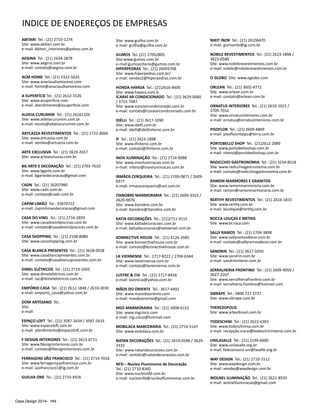Casa Design 2014- 164
ABITARI Tel.: (21) 2710-1274
Site: www.abitari.com.br
e-mail: Abitari_interiores@yahoo.com.br
AEGINA Tel.: (21) 2634-2878
Site: www.aegina.com.br
e-mail: contato@aegina.com.br
ACM HOME Tel.: (21) 3322-5635
Site: www.anaclaudiamoreno.com
e-mail: home@anaclaudiamoreno.com
A SUPERFÍCIE Tel.: (21) 2612-1526
Site: www.asuperficie.com
e-mail: atendimento@asuperficie.com
ALDEIA CURUMIM Tel.: (21) 26161326
Site: www.aldeiacurumim.com.br
e-mail: escola@aldeiacurumim.com.br
ARTCAZZA REVESTIMENTOS Tel.: (21) 2722-8066
Site: www.artcazza.com.br
e-mail: vendas@artcazza.com.br
ARTE EXCLUSIVA Tel.: (21) 3619-2657
Site: www.arteexclusiva.com.br
BG ARTE E DECORAÇÃO Tel.: (21) 2703-7610
Site: www.bgarte.com.br
e-mail: bgartedecoracao@gmail.com
CADN Tel.: (21) 26207980
Site: www.cadn.com.br
e-mail: contato@cadn.com.br
CAPIM LIMÃO Tel.: 35870722
e-mail: capimlimaodecoracao@gmail.com
CASA DO VINIL Tel.: (21) 2716-2859
Site: www.casadovinilpiscinas.com.br
e-mail: contato@casadovinilpiscinas.com.br
CASA SHOPPING Tel.: (21) 2108-8080
Site: www.casashopping.com.br
CASA BLANCA PRESENTES Tel.: (21) 3628-0928
Site: www.casablancapresentes.com.br
e-mail: contato@casablancapresentes.com.br
DIMEL ELÉTRICOS Tel.: (21) 2719-1005
Site: www.dimeleletricos.com.br
e-mail: sac@dimeleletricos.com.br
EMPÓRIO CASA Tel.: (21) 2612-1848 / 2610-3030
e-mail: emporio_casa@yahoo.com.br
DOM ARTESANO Tel.:
Site:
e-mail:
ESPAÇO LOFT Tel.: (21) 3587-2634 / 3587-2633
Site: www.espacoloft.com.br
e-mail: atendimento@espacoloft.com.br
F DESIGN INTERIORES Tel.: (21) 2613-6711
Site: www.fdesigninteriores.com.br
e-mail: contato@fdesigninteriores.com.br
FERRAGENS SÃO FRANCISCO Tel.: (21) 2714-7016
Site: www.ferragenssaofrancisco.com.br
e-mail: saofrancisco1@ig.com.br
GUILHA ONE Tel.: (21) 2710-4926
Site: www.guilha.com.br
e-mail: guilha@guilha.com.br
GUMOS Tel.:(21) 27052805
Site:www.gumos.com.br
e-mail:gumosniteroi@gumos.com.br
HIPERPEDRAS Tel.: (21) 26093708
Site: www.hiperpedras.com.br/
e-mail: vendas2@hiperpedras.com.br
HONDA HAYASA Tel.: (21)2616-9600
Site: www.hayasa.com.b
ICARAÍ AR CONDICIONADO Tel.: (21) 3629-0060
/ 3715-7087
Site: www.icaraiarcondicionado.com.br
e-mail: contato@icaraiarcondicionado.com.br
IDÉLLI Tel.: (21) 3617-1090
Site: www.idelli.com.br
e-mail: idelli@idelliniteroi.com.br
IF Tel.: (21) 2623-1898
Site: www.ifniteroi.com.br
e-mail: contato@ifniteroi.com.br
INOV ILUMINAÇÃO Tel.: (21) 2714-9088
Site: www.inoviluminacao.com.br
e-mail: niteroi@inoviluminacao.com.br
IRMÃOS CERQUEIRA Tel.: (21) 2709-0871 / 2609-
8377
e-mail: irmaoscerqueira@uol.com.br
ITANOBRE MARMORARIA Tel.: (21) 2609-3553 /
2620-9876
Site: www.itanobre.com.br
e-mail: itanobre@itanobre.com.br
KATIA DECORAÇÕES Tel.: (21)2711-9115
Site: www.katiadecoracoes.com.br
e-mail: katiadecoracoes@veloxmail.com.br
KONNECTIVE HOUSE Tel.: (21) 4126-3585
Site: www.konnectivehouse.com.br
e-mail: contato@konnectivehouse.com.br
LA VIENNENSE Tel.: 2717-8222 / 2704-6344
Site: www.laviennense.com.br
e-mail: contato@laviennense.com.br
LUSTRE & CIA Tel.: (21) 2717-8456
e-mail: lustrecia@yahoo.com.br
MÃOS DO ORIENTE Tel.: 3617-4492
Site: www.maosdooriente.com
e-mail: maodooriente@gmail.com
MG5 MARMORARIA Tel.: (21) 2608-6152
Site: www.mgcinco.com
e-mail: mg.cinco@hotmail.com
MOBILACA MARCENARIA Tel.: (21) 2714-5147
Site: www.mobilaca.com.br
NATAN DECORAÇÕES Tel.: (21) 2619-0596 / 3629-
3333
Site: www.natandecoracoes.com.br
e-mail: contato@natandecoracoes.com.br
NFD – Nucleo Fluminense de Decoração
Tel.: (21) 2710-8360
Site: www.nucleonfd.com.br
e-mail: nucleonfd@nucleofluminense.com.br
NIKIT INOX Tel.: (21) 26106470
e-mail: guimonte@ig.com.br
NOBILE REVESTIMENTOS Tel.: (21) 2623-1898 /
3623-0580
Site: www.nobilerevestimentos.com.br
e-mail: nobile@nobilerevestimentos.com.br
O GLOBO Site: www.oglobo.com
ORLEAN Tel.: (21) 3602-4772
Site: www.orlean.com.br
e-mail: contato@orlean.com.br
ORNATUS INTERIORES Tel.: (21) 2619-1015 /
2709-7032
Site: www.ornatusinteriores.com.br
e-mail: ornatus@ornatusinteriores.com.br
PISOFLOR Tel.: (21) 2609-4809
e-mail: pisoflooritaipu@terra.com.br
PORTOBELLO SHOP Tel.: (21)2612-2089
Site: www.portobelloshop.com.br
e-mail: niteroi@portobelloshop.com.br
RADICCHIO GASTRONOMIA Tel.: (21) 3254-8518
Site: www.radicchiogastronomia.com.br
e-mail: contato@radicchiogastronomia.com.br
RAMON MARMORES E GRANITOS
Site: www.ramonmarmoraria.com.br
e-mail: ramon@ramonmarmoraria.com.br
RERTHY REVESTIMENTOS Tel.: (21) 2616-1815
Site: www.rerthy.com.br
e-mail: boutique@rerthy.com.br
ROCCA LOUÇAS E METAIS
Site: www.br.roca.com
SALLY RAMOS Tel.: (21) 2704-3898
Site: www.sallyramosdecor.com.br
e-mail: contato@sallyramosdecor.com.br
SANDRIN Tel.: (21) 3617-5050
Site: www.sandrin.com.br
e-mail: sandrinniteroi.com.br
SERRALHERIA FRONTINO Tel.: (21) 2609-9050 /
3027-2207
Site: www.serralheriafrontino.com.br
e-mail: serralheria.frontino@hotmail.com
SIBRAPE Tel.: 0800 727 3737
Site: www.sibrape.com.br
THEREZOPOLIS
Site: www.arborbrasil.com.br
TODESCHINI Tel.: (21) 2622-6391
Site: www.todeschinisa.com.br
e-mail: recepção.icarai@todeschininiteroi.com.br
UNILASALLE Tel.: (21) 2199-6600
Site: www.unilasalle.org.br
e-mail: faleconosco.uni@lasalle.org.br
WAY DESIGN Tel.: (21) 2710-1512
Site: www.waydesign.com.br
e-mail: vendas@waydesign.com.br
WOLNEL ILUMINAÇÃO Tel.: (21) 2621-8559
e-mail: wolneliluminacao@gmail.com
INDICE DE ENDEREÇOS DE EMPRESAS
 