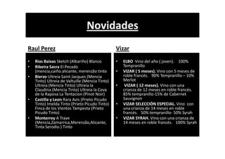 Novidades
Raul Perez                                       Vizar
•   Rias Baixas Sketch (Albariño) Blanco 
    Rias Baixas Sketch (Albariño) Blanco         •   ELBO  Vino del año ( joven).    100% 
                                                     ELBO Vino del año ( joven) 100%
•   Ribeira Sacra El Pecado                          Tempranillo 
    (mencia,caiño.alicante, merenzão tinto       •   VIZAR ( 5 meses). Vino con 5 meses de 
•   Bierzo Ultreia Saint Jacques (Mencia             roble francés.   90% Tempranillo – 10% 
    Tinto) Ultreia d
     i ) l i de Valtuille (
                        l ill (Mencia Tinto) 
                                      i i )          Merlot
    Ultreia (Mencia Tinto) Ultreia la            •    VIZAR ( 12 meses). Vino con una 
    Claudina (Mencia Tinto) Ultreia la Cova          crianza de 12 meses en roble francés.   
    de la Raposa La Tentacion (Pinot Noir)           85% tempranillo‐15% de Cabernet
•   Castilla y Leon Rara Avis (Prieto Picudo         Sauvignon
                                                     S i
    Tinto) Imelda Tinto (Prieto Picudo Tinto)    •   VIZAR SELECCIÓN ESPECIAL. Vino  con 
    Finca de los Vientos Tampesta (Prieto            una crianza de 14 meses en roble 
    Picudo Tinto)                                    francés.   50% tempranillo‐ 50% Syrah
•   Monterrey A Trave                            •   VIZAR SYRAH. Vino con una crianza de 
    (Mencia,Zamarrica,Merenzão,Alicante,             14 meses en roble francés.   100% Syrah
    Tinta Serodio ) Tinto
 