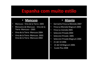 Espanha com muito estilo 
           Espanha com muito estilo
           • Mancuso                                   • Alzania
•   Mancuso ‐ Vino de la Tierra  2005      •   Garnacha Finca La Moneda 2007
•   Moncaino de Mancuso Vino de la
               de Mancuso  ‐ Vino de la    •   Finca La Moneda Magnum 2005
                                               Finca La Moneda Magnum 2005
    Tierra  Mancuso – 2005                 •   Finca La moneda 2005
•   Vino de la Tierra  Mancuso 2004        •   Seleccíon Privada 2004
•   Vino de la Tierra  Mancuso  2003       •   Seleccíon Privada  2005 
    Vino de la Tierra  Mancuso 2002        •   Seleccíon Privada Magnum 2005
                                           •   21 del 10 2006 
                                               21 del 10 2006
                                           •   21 del 10 Magnum 2006
                                           •   Cuvée Plus 2008
 