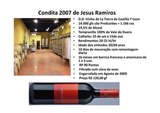 Condita 2007 de Jesus Ramiros
             •   D.O :Vinho de La Tierra d C ill Y L
                 D O Vi h d L Ti          de Castilla Y Leon
             •   14.000 gfs são Produzidas = 1.166 cxs
             •   14,5% de Alcool
             •   Tempranillo 100% do Vale do Duero
                           ill      d     l d
             •   Colheita: 25 de set a 15de out
             •   Rendimentos 20‐25 hl/ht
             •   Idade dos vinhedos 30/60 anos
                                        /
             •   10 dias de maceração com remontagem 
                 diaria
             •   16 meses em barrica francesa e americana de 
                 16            b i f                     i   d
                 1 e 2 uso.
             •    RP 90 Pontos
             •    Filtrado com clara de ovos
                  Filtrado com clara de ovos
             •    Engarrafado em Agosto de 2009
             •    Preço R$ 120,00 gf  
 