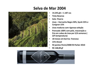 Selva de Mar 2004
        •   14.245 gfs = 1.187 cxs
        •   Tinto Reserva
        •   Solo‐ Pizarra
        •   Uvas – Garnacha Negra 50%, Syrah 35% e 
            Carignan 15% 
        •   Uvas maduras com rigoroza seleção
            U        d           i        l ã
        •   Prensado 100% com pele, maceração a 
            frio em cubas de inox por 5/6 semanas ( 
            22º.temperatura) )
        •   18 meses em barrica  francesa
        •   15% Alcool
        •   92 pontos Penin/2008 93 Parker 2010
        •   R$ 168,00 gf
 