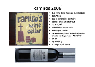 Ramiros 2006 
       •   D.O vinho de La Tierra de Castilla YLeon
       •   15% Alcool
       •   100 % Tempranillo d D
           100 % T         ill de Duero
       •   Colhido entre 14 set 10 out
       •   20‐25Hl/HÁ
       •   Vinhedos de 60 e 90 anos
       •   Maceração 15 dias 
       •   28 meses em barrica novas francesas e 
           28 meses em barrica novas francesas e
           americanas‐Engarrafado Abril 2009
       •   92 RP
       •   R$ 299,00 gf 
           R$ 299 00 f
       •   3.750 gfs = 308 caixas
 
