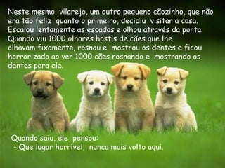 Neste mesmo vilarejo, um outro pequeno cãozinho, que não
era tão feliz quanto o primeiro, decidiu visitar a casa.
Escalou lentamente as escadas e olhou através da porta.
Quando viu 1000 olhares hostis de cães que lhe
olhavam fixamente, rosnou e mostrou os dentes e ficou
horrorizado ao ver 1000 cães rosnando e mostrando os
dentes para ele.




Quando saiu, ele  pensou:
- Que lugar horrível, nunca mais volto aqui.
 
