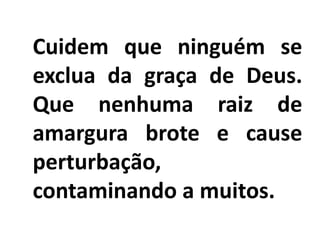 Cuidem que ninguém se
exclua da graça de Deus.
Que nenhuma raiz de
amargura brote e cause
perturbação,
contaminando a muitos.
 