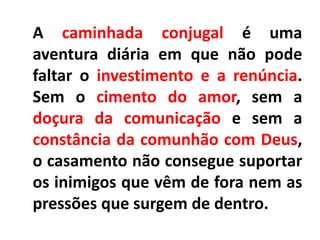 A caminhada conjugal é uma
aventura diária em que não pode
faltar o investimento e a renúncia.
Sem o cimento do amor, sem a
doçura da comunicação e sem a
constância da comunhão com Deus,
o casamento não consegue suportar
os inimigos que vêm de fora nem as
pressões que surgem de dentro.
 