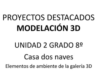 PROYECTOS DESTACADOS
MODELACIÓN 3D
UNIDAD 2 GRADO 8º
Casa dos naves
Elementos de ambiente de la galería 3D
 