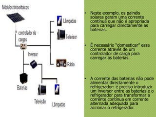 • Neste exemplo, os painéis
solares geram uma corrente
contínua que não é apropriada
para carregar directamente as
baterias.
• É necessário “domesticar” essa
corrente através de um
controlador de carga para
carregar as baterias.
• A corrente das baterias não pode
alimentar directamente o
refrigerador: é preciso introduzir
um inversor entre as baterias e o
refrigerador para transformar a
corrente contínua em corrente
alternada adequada para
accionar o refrigerador.
 