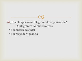 
 ¿Cuantas personas integran esta organización?
12 integrantes Administrativos
* 6 comisariado ejidal
* 6 consejo de vigilancia
 