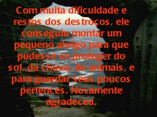 Com muita dificuldade e restos dos destroços, ele conseguiu montar um pequeno abrigo para que pudesse se proteger do sol, da chuva, de animais, e para guardar seus poucos pertences. Novamente agradeceu. 