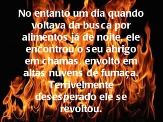 No entanto um dia quando voltava da busca por alimentos já de noite, ele encontrou o seu abrigo em chamas, envolto em altas nuvens de fumaça. Terrivelmente desesperado ele se revoltou. 