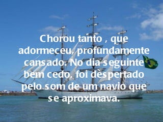 Chorou tanto , que adormeceu, profundamente cansado. No dia seguinte bem cedo, foi despertado pelo som de um navio que se aproximava. 