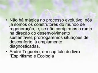 Não há mágica no processo evolutivo: nós já somos os construtores do mundo de regeneração, e, se não corrigirmos o rumo na direção do desenvolvimento sustentável, prorrogaremos situações de desconforto já amplamente diagnosticadas.  André Trigueiro, em capítulo do livro “Espiritismo e Ecologia  