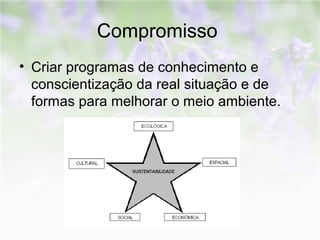 Compromisso 
• Criar programas de conhecimento e 
conscientização da real situação e de 
formas para melhorar o meio ambiente. 
 