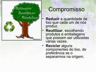 Compromisso 
• Reduzir a quantidade de 
lixo que cada um de nós 
produz. 
• Reutilizar, escolhendo 
produtos e embalagens 
que possam ser utilizadas 
várias vezes. 
• Reciclar alguns 
componentes do lixo, de 
preferência se o 
separarmos na origem. 
 